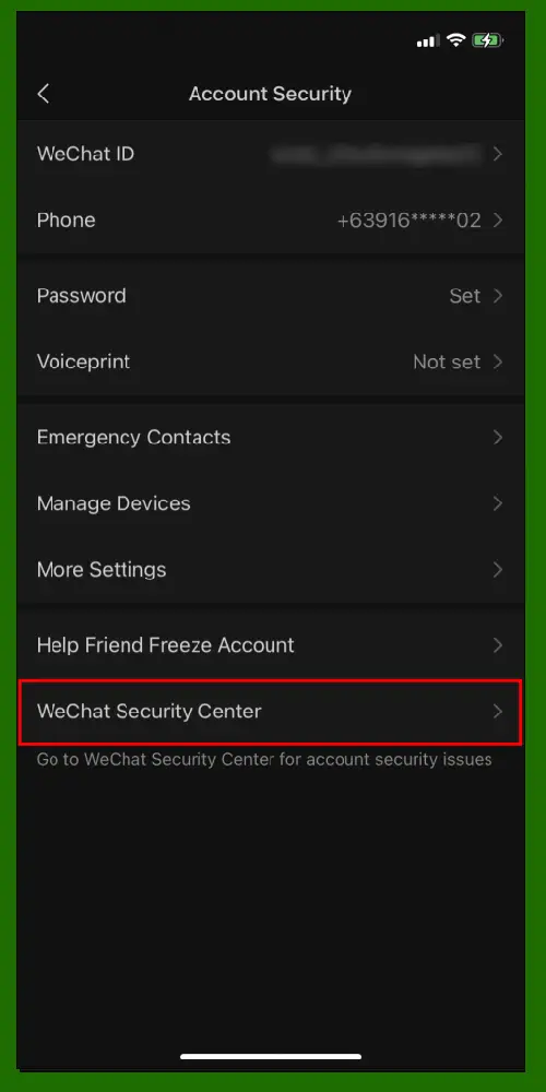 click on WeChat Security Center